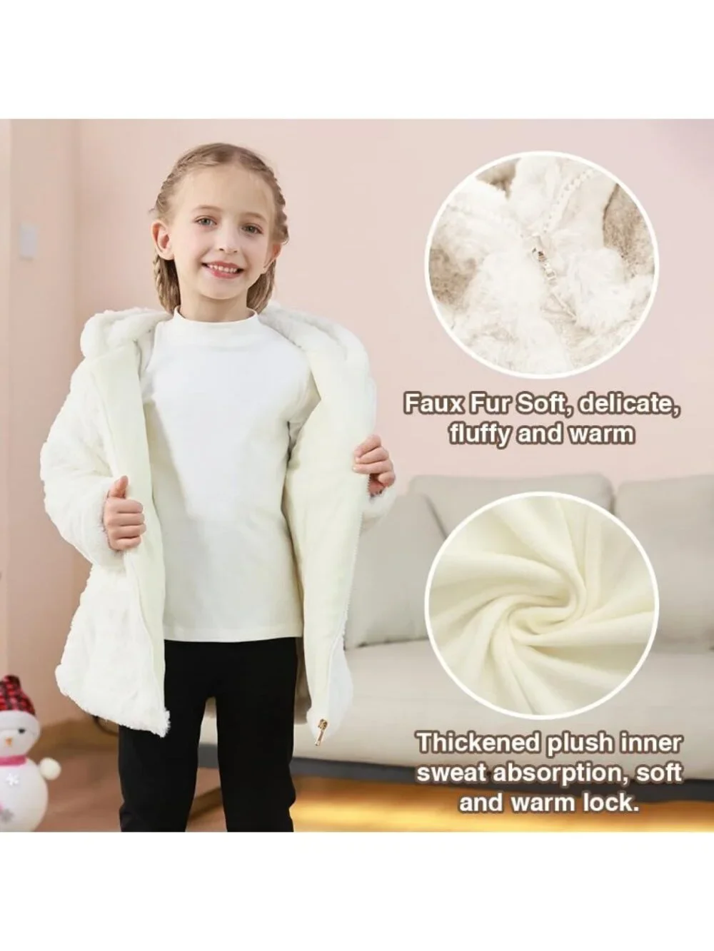 Kids Girls White Polyester Winter Warm Outwear Ear Hooded Faux Fur Thicken Fleec